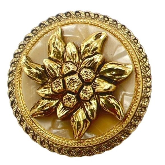 Vtg West Germany 3D Dress Scarf Clip Floral Dahlia MOP Rope Edge Gold Tone MCM - Picture 1 of 6